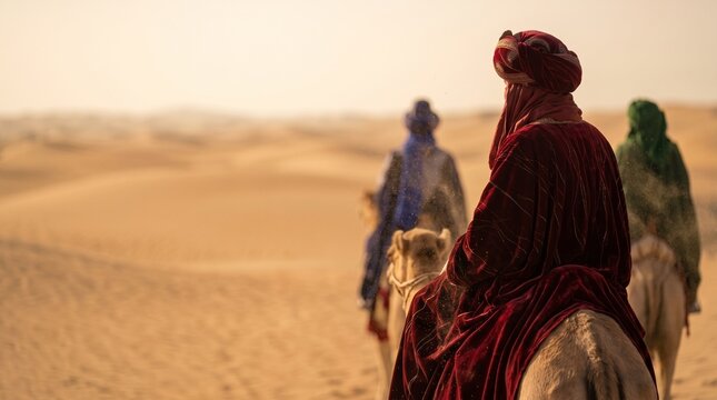 Three magi in traditional robes riding camels across the desert