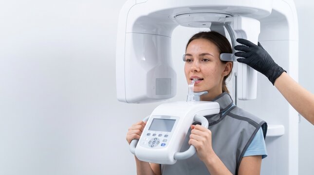 Woman undergoing a dental panoramic scan, holding the handles of an orthopantomograph machine