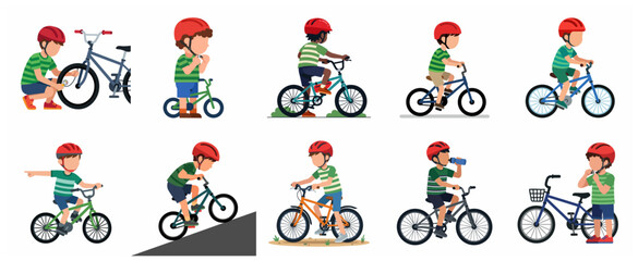 Fototapeta premium Set of vector illustrations of young boys riding bicycles with safety helmets