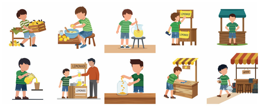 Flat Vector Illustration Set of a Little Boy Starting and Running his own Lemonade Stand Business