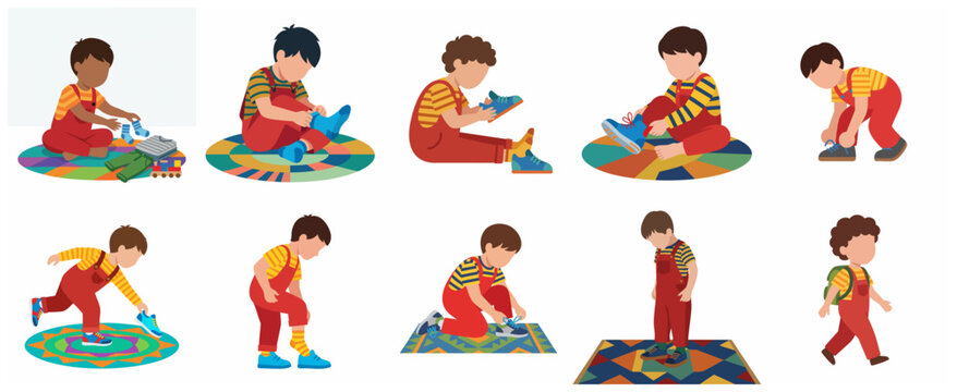 Little boy learning to get dressed and putting on shoes set of vector illustrations. Child morning routine, tying shoelaces, putting on socks and getting ready for school.