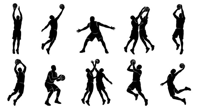 Collection of black silhouettes showing basketball players in various action poses on white background. vector illustration