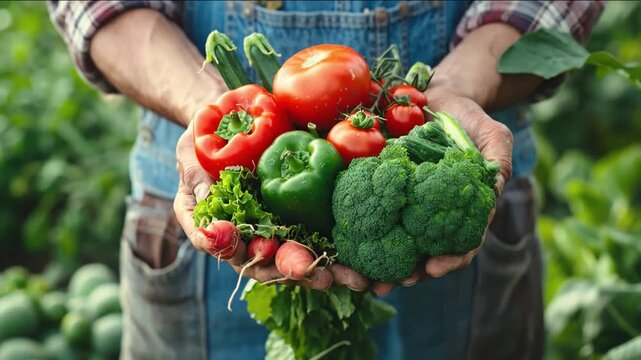 Farmer's Bounty: A farmer's hands cradle a vibrant assortment of freshly harvested organic vegetables, showcasing the richness of the earth's yield amidst a verdant garden.