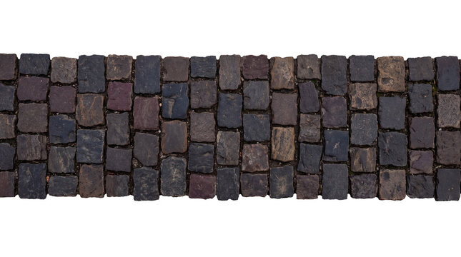 Dark Cobblestone Pavement Strip Isolated on Black Background, Top View Overhead Shot of Natural Stone Paving Path for Urban Architectural Design and Outdoor Landscaping Graphic Asset