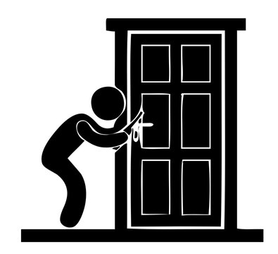 Burglar Picking Lock on Door Silhouette Vector Illustration
