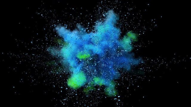 Vibrant Particle Explosion in 3D Animation on Black Background. Modern Blue and Green Tech Design Features Bright Dynamic Energy with Big Detailed Smoke Dust and Mix Powder Blasts Wave Slow Motion 4k