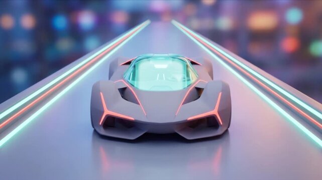 近未来のコンセプトカーが光放つ滑走路を走行するクレイ風3D背景