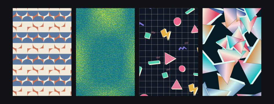 Set of four abstract geometric seamless patterns featuring retro memphis and modern gradient styles