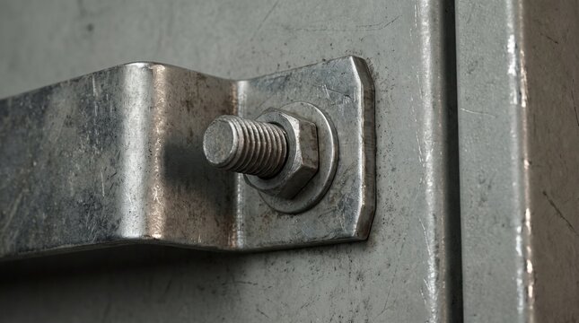 Industrial metal bolt and nut fastened securely on a bracket