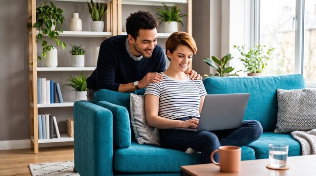 Multiethnic couple sitting on blue couch using grey laptop pc.