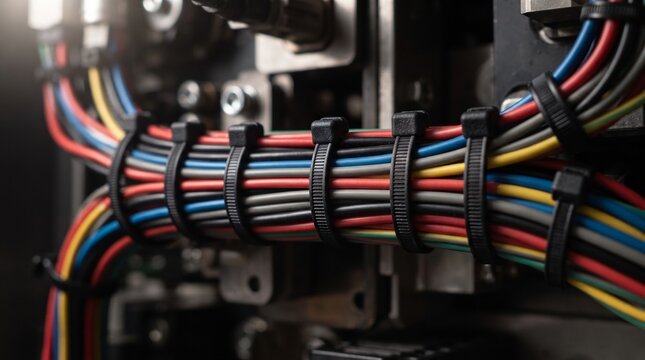 Close-up of neatly organized colorful electrical wires bundled with cable ties