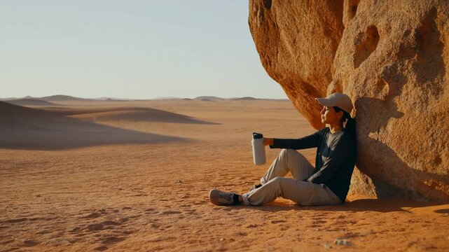 Woman sits against sunlit desert rock, drinks from reusable bottle, then lowers it while resting on orange sand with distant dunes and open sky under warm low-angle light