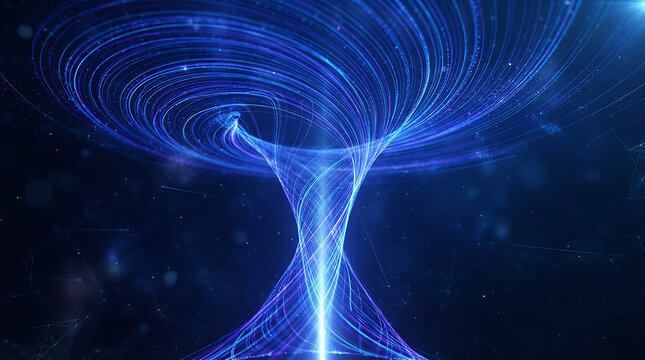 Abstract digital background featuring a glowing blue vortex tunnel with intricate light patterns and particles