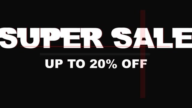 Super sale up to 20 percent off digital discount promotion banner with red and white glitch effect