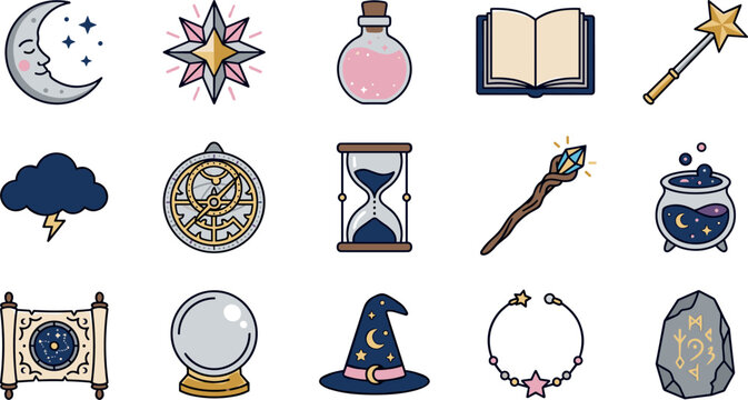 Witchcraft and Sorcery Magic Icon Set with Witch Hat Cauldron Mystical Rune Stone and Alchemy Symbols for Esoteric Graphic Designs