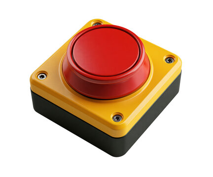 Industrial red emergency stop button in a yellow square housing isolated on white