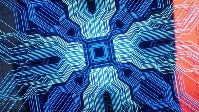 近未来の摩天楼屋上にある幾何学ヘリポートデッキが青く発光する3D背景