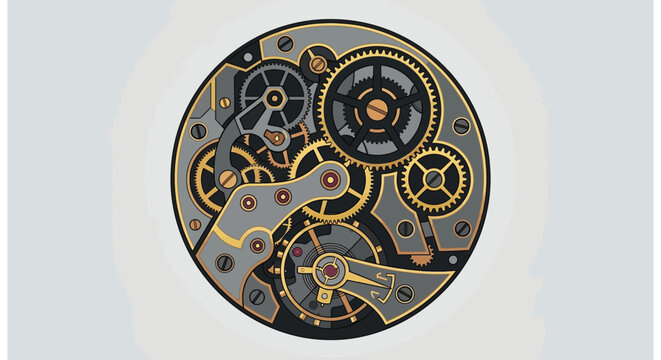Intricate Clockwork Mechanism Vector Illustration with Gold and Gray Gears