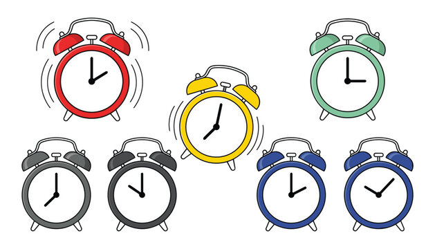 Colorful Retro Alarm Clocks Vector Icon Set with Ringing Bells Showing Different Hours for Time Management Productivity and Morning Wake Up Reminder Graphics