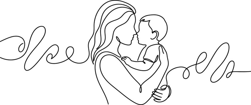 Continuous single line drawing of a mother holding her baby with love Vector