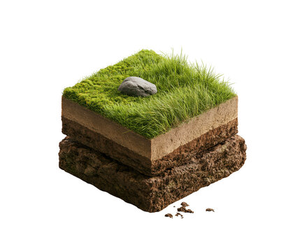 Isometric 3D cross section of earth layers with green grass and a stone on top