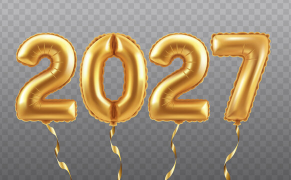 Realistic vector 3D gold foil balloon numbers forming 2027 with curling ribbons, isolated on transparent background. Festive metallic number balloons for New Year 2027, celebration, party and annivers