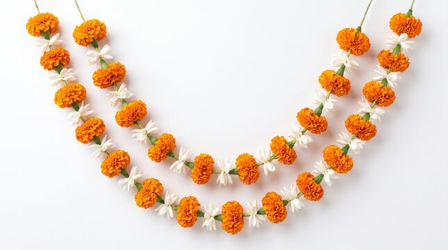 Traditional marigold flower garland with white jasmine, orange floral toran for Indian festival decoration, religious puja ceremony ornament on white background