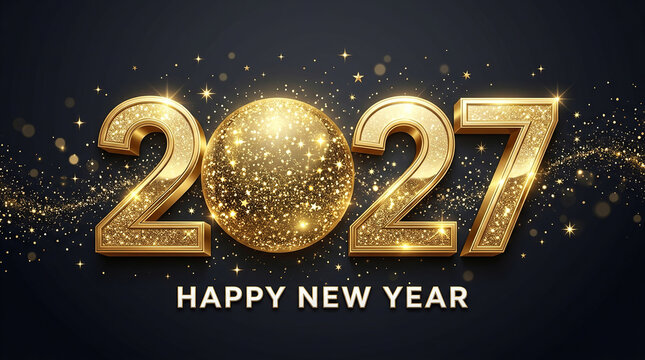 Glittering gold 2027 numbers with sparkling disco ball accent on dark bokeh background.