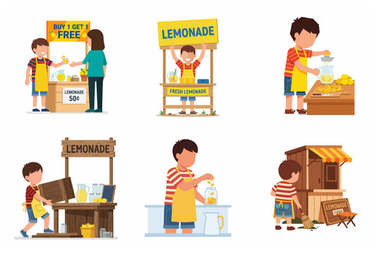 Set of flat illustrations featuring a young boy running a lemonade stand business, selling, preparing, and managing his small enterprise.