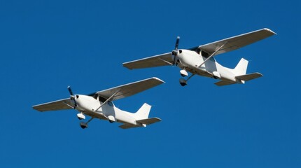 Obraz premium Two white light aircraft flying in formation against a blue sky