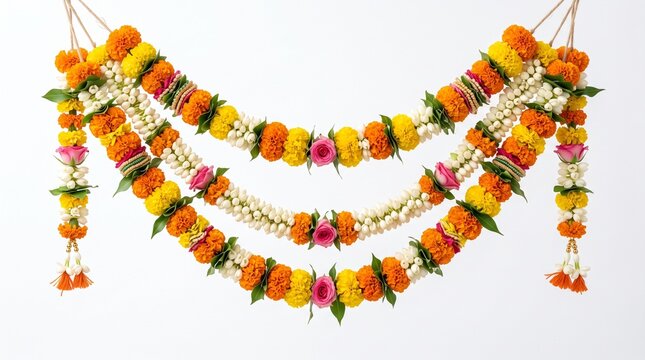 Traditional Indian marigold flower garland, festive orange and yellow floral toran decoration, jasmine and rose blossom hanging for diwali celebration
