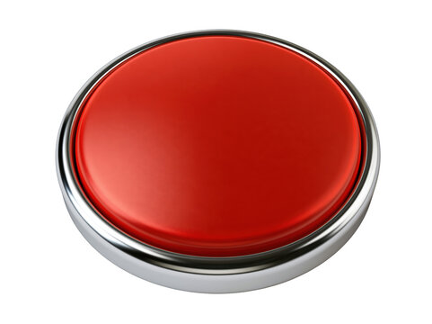 Red circular push button with a metallic chrome border isolated on white background