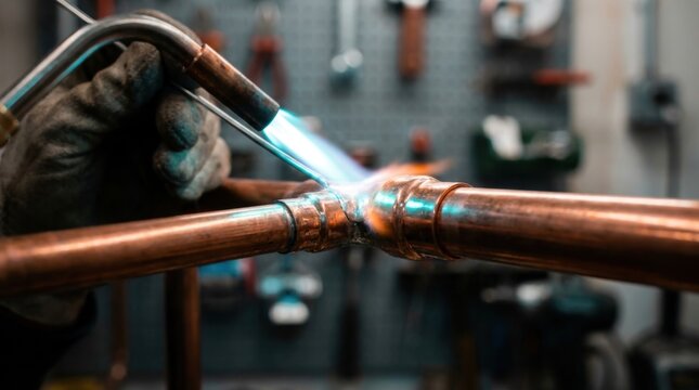 Worker soldering copper pipes with a torch