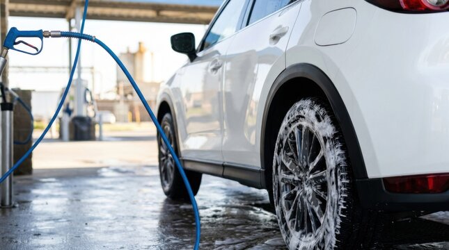Car wheel being cleaned with soapy water at a car wash
