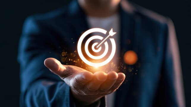 Person from chest down wearing dark blue blazer over white shirt, open hand in foreground supporting glowing white target symbol with arrow in bullseye, warm bright light shining from bottom of target