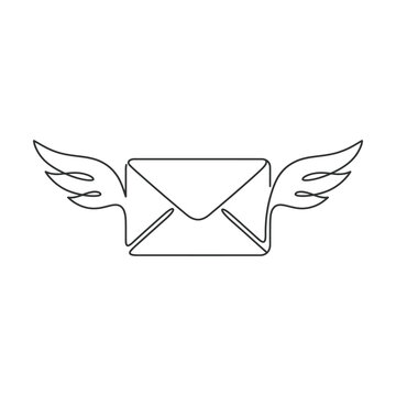 Continuous single line drawing of an envelope with wings flying like a message Vector