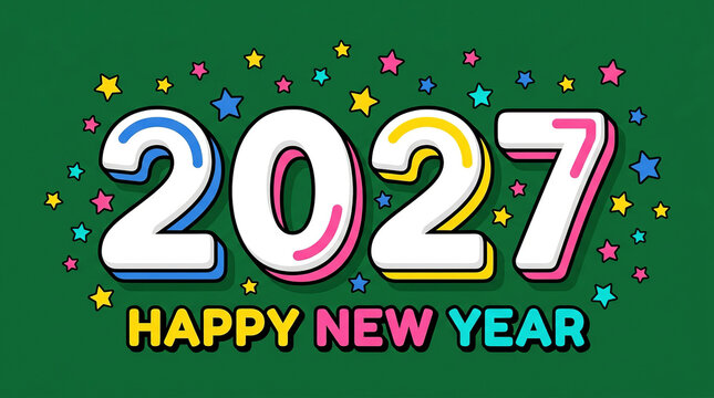 happy new year 2027 cartoon style numbers with colorful borders and playful stars on green background.