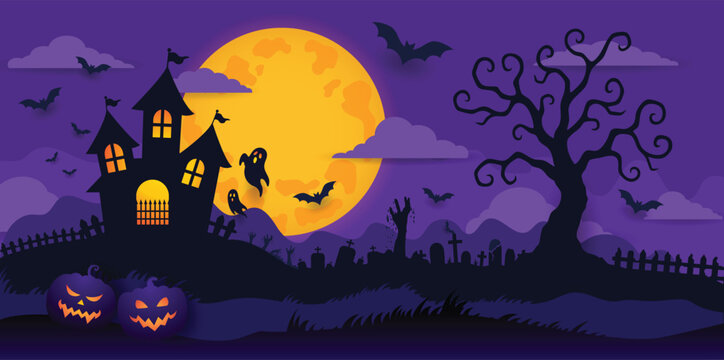 Halloween Haunted House with Full Moon, Bats and Graveyard Vector Illustration