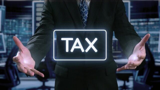 A professional businessman stands in a modern office, showcasing glowing tax icons that symbolize finance management, compliance, and digital solutions for businesses. Qubit