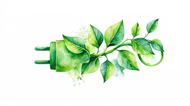 A green electrical plug intertwined with vibrant leaves, symbolizing eco-friendly energy and sustainable power solutions.