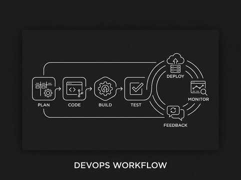 DevOps workflow diagram illustrating continuous integration and deployment pipeline stages with feedback loop