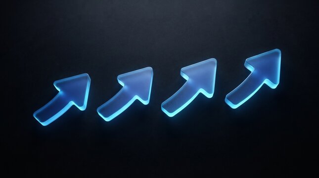A series of four glowing blue arrow icons ascend diagonally across a dark background, signifying positive progress.