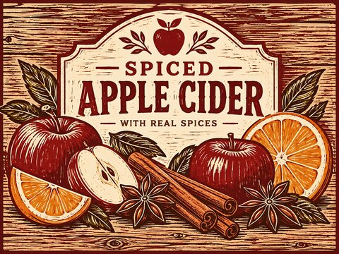 Spiced Apple Cider Label with Apples Oranges Cinnamon and Star Anise packaging design label design b