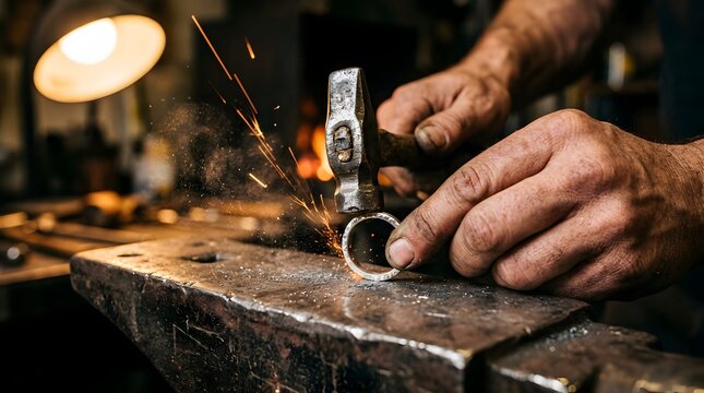 Blacksmith shaping a metal ring on an anvil with sparks flying