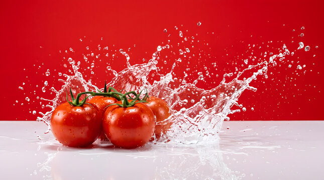 Ripe red tomatoes with explosive water splash on reflective white surface against vivid red background, commercial food photography with frozen droplets