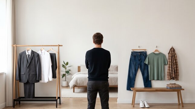 仕事着と普段着の間で職業と生き方の変更を考える人物
