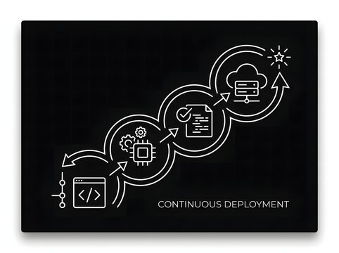 Continuous deployment software development process diagram on black background
