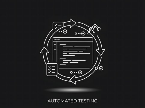 Automated software testing icon showing code cycle with robotic arm and checklist on black background