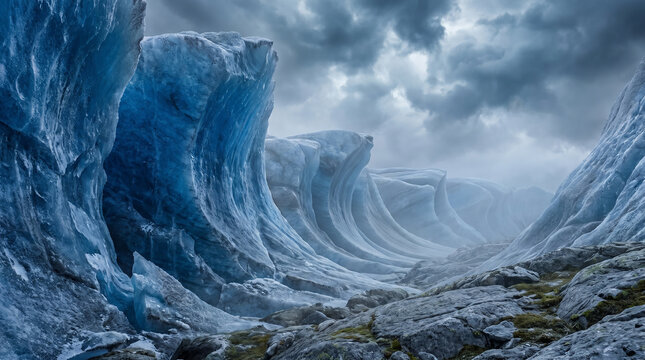 Dramatic landscape of towering blue ice cliffs in a frozen glacial valley under a stormy overcast sky