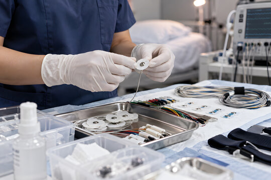 Gloved hands preparing EEG electrodes on a sterile tray before an overnight polysomnography sleep study